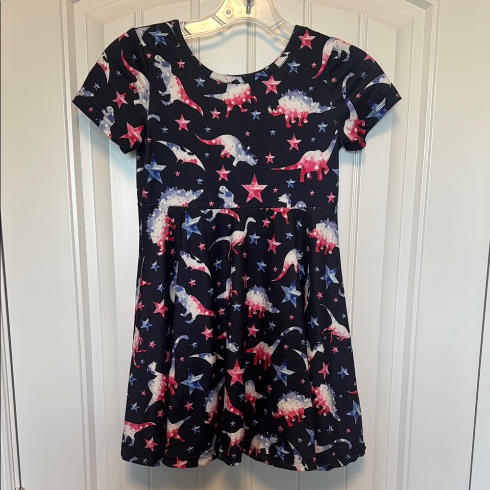 Dinosaur Print Kids Dress - Red/Pink, White, and Blue - Fits like size 6